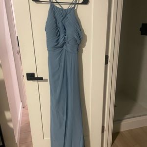 Dusty Blue High Neck Long Chiffon Bridesmaid Dress